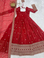 Rust Pure Crunchy Silk Embroidery Jari And Sequence Work Anarkali Gown