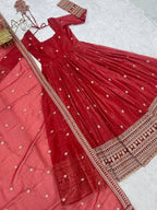 Rust Pure Crunchy Silk Embroidery Jari And Sequence Work Anarkali Gown