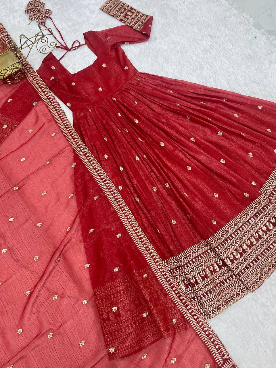 Rust Pure Crunchy Silk Embroidery Jari And Sequence Work Anarkali Gown