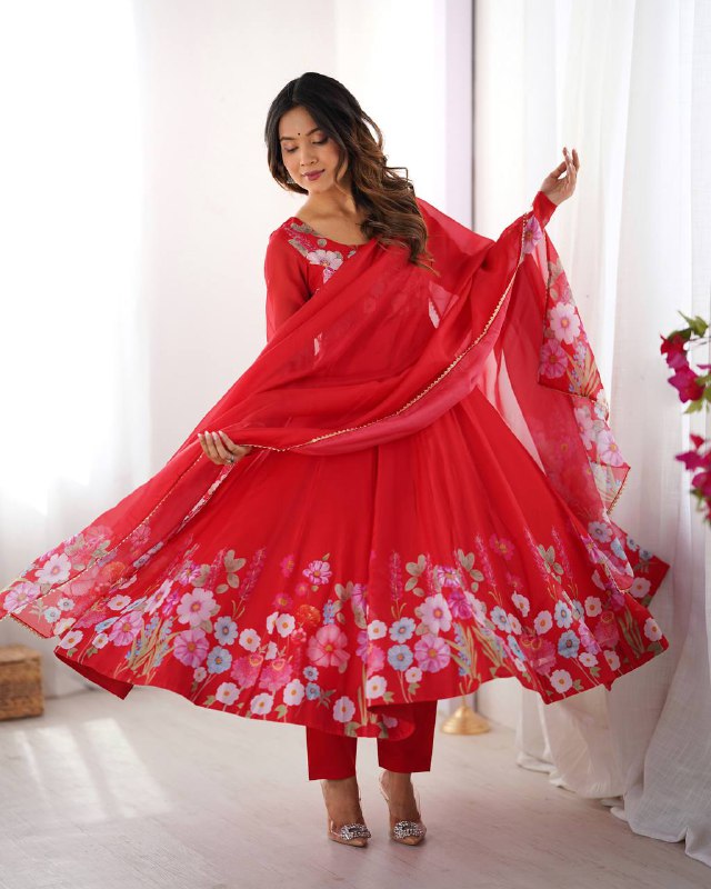 Red Pure Soft Organja Silk Flower Position Outing Work Salwar Suit