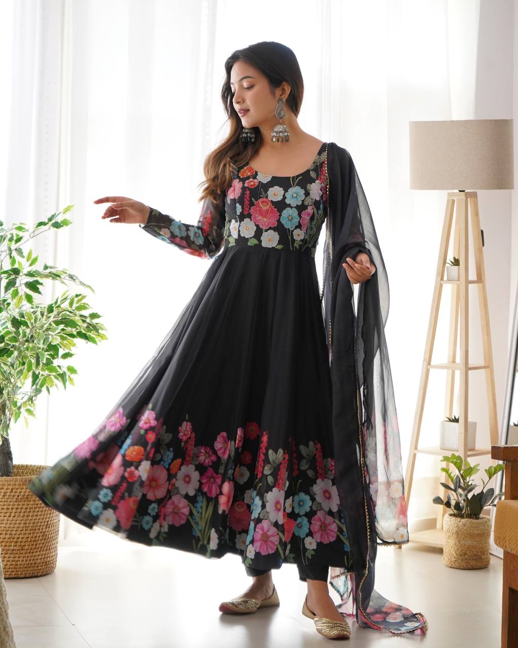 Black Pure Soft Organja Silk Flower Position Outing Work Salwar Suit