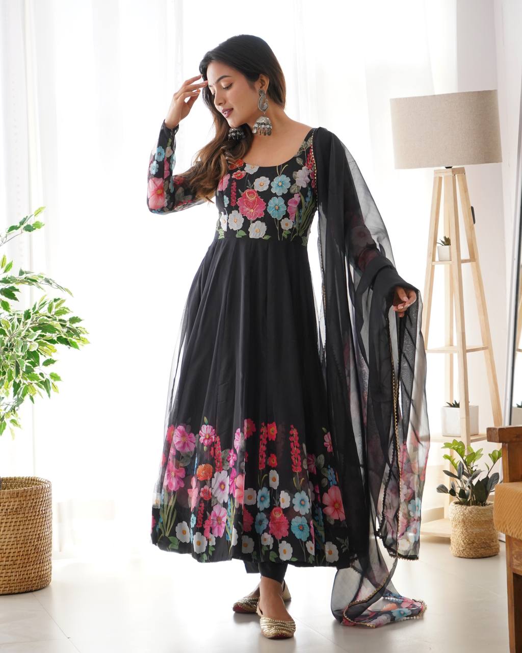 Black Pure Soft Organja Silk Flower Position Outing Work Salwar Suit