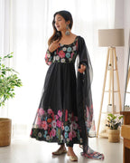 Black Pure Soft Organja Silk Flower Position Outing Work Salwar Suit