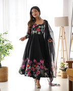 Black Pure Soft Organja Silk Flower Position Outing Work Salwar Suit