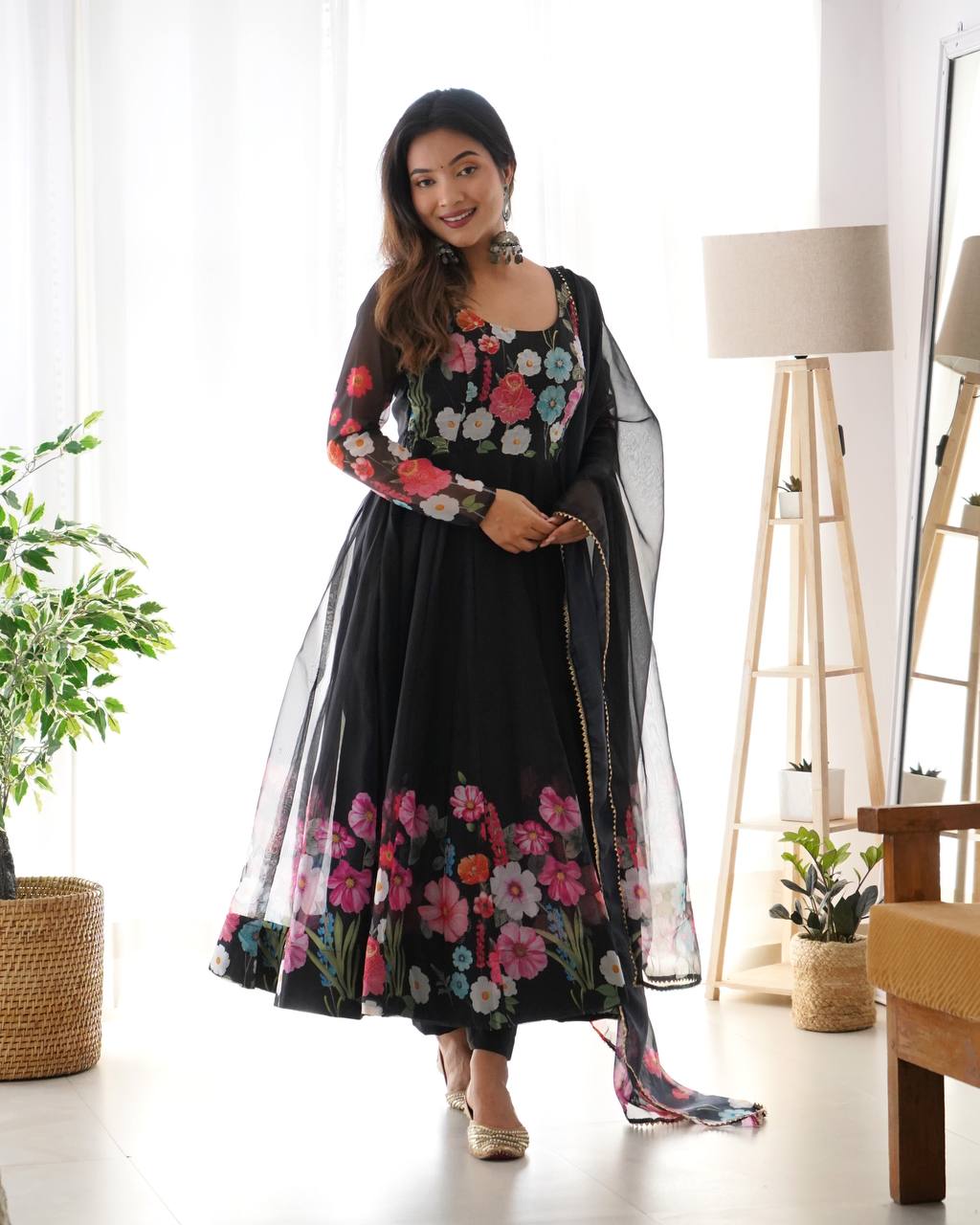 Black Pure Soft Organja Silk Flower Position Outing Work Salwar Suit