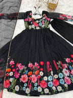 Black Pure Soft Organja Silk Flower Position Outing Work Salwar Suit
