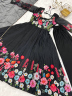 Black Pure Soft Organja Silk Flower Position Outing Work Salwar Suit