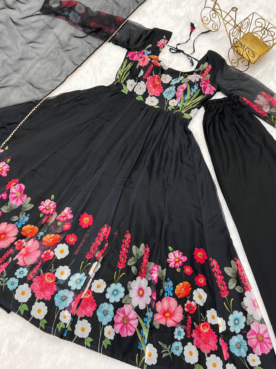 Black Pure Soft Organja Silk Flower Position Outing Work Salwar Suit