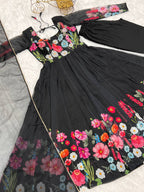 Black Pure Soft Organja Silk Flower Position Outing Work Salwar Suit