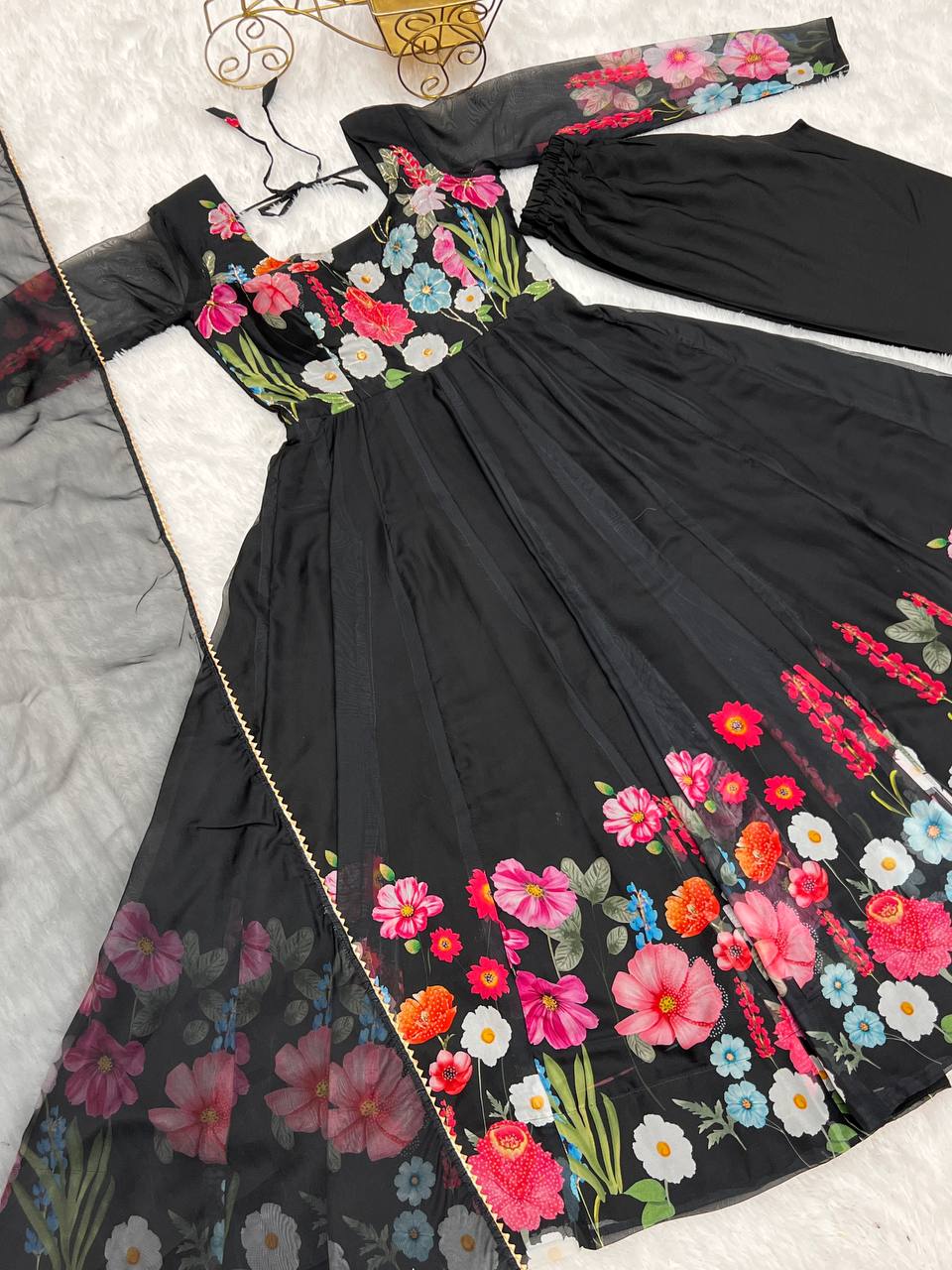 Black Pure Soft Organja Silk Flower Position Outing Work Salwar Suit