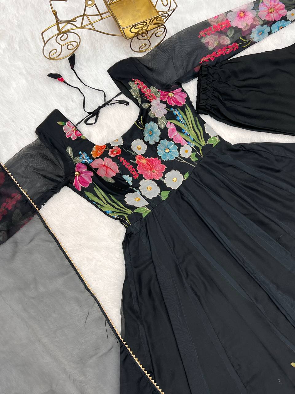 Black Pure Soft Organja Silk Flower Position Outing Work Salwar Suit