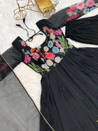 Black Pure Soft Organja Silk Flower Position Outing Work Salwar Suit