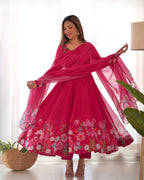 Pink Pure Soft Organja Silk Flower Position Outing Work Salwar Suit