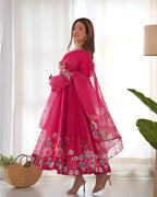 Pink Pure Soft Organja Silk Flower Position Outing Work Salwar Suit
