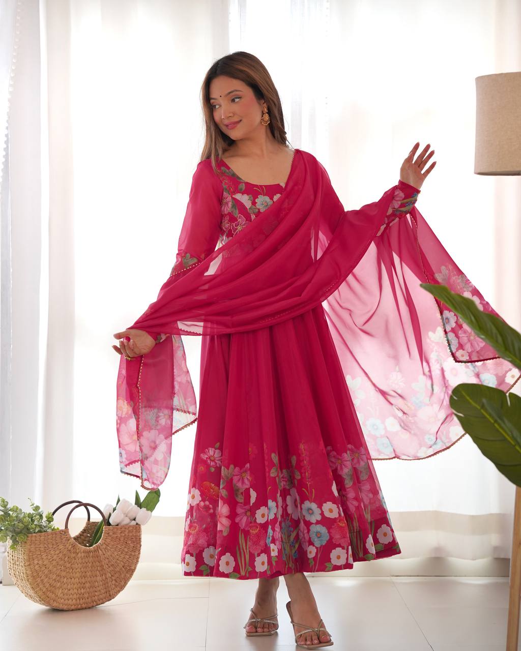 Pink Pure Soft Organja Silk Flower Position Outing Work Salwar Suit