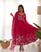 Pink Pure Soft Organja Silk Flower Position Outing Work Salwar Suit