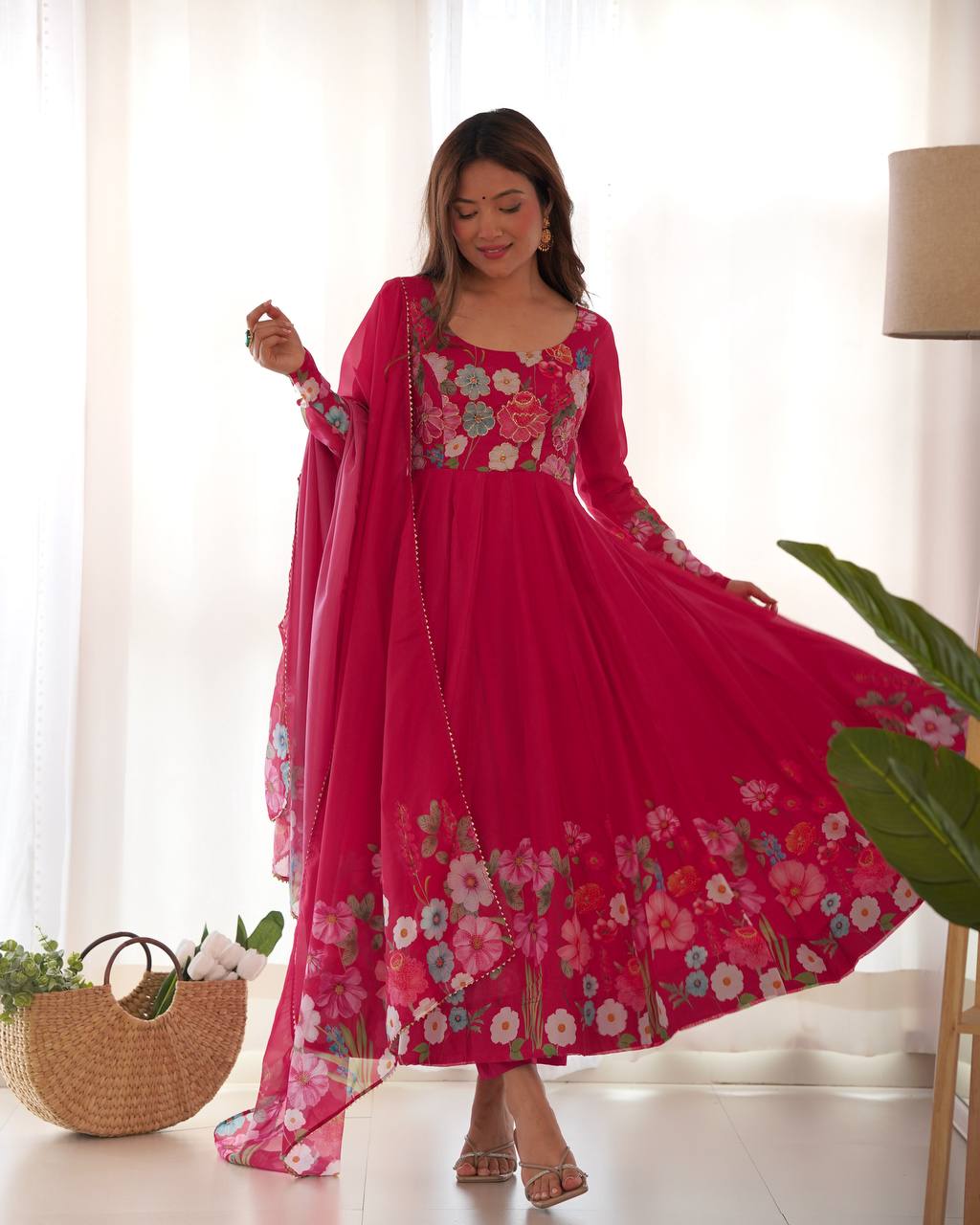 Pink Pure Soft Organja Silk Flower Position Outing Work Salwar Suit