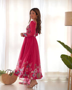 Pink Pure Soft Organja Silk Flower Position Outing Work Salwar Suit
