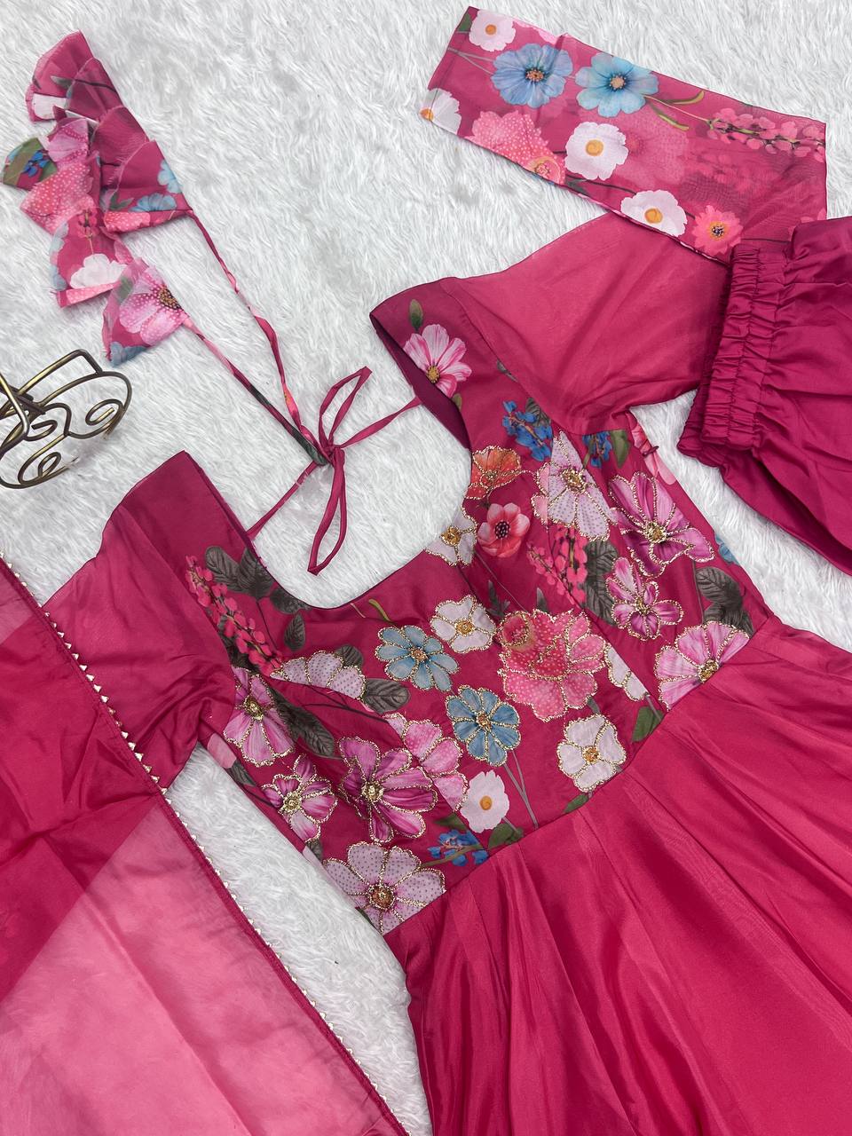 Pink Pure Soft Organja Silk Flower Position Outing Work Salwar Suit