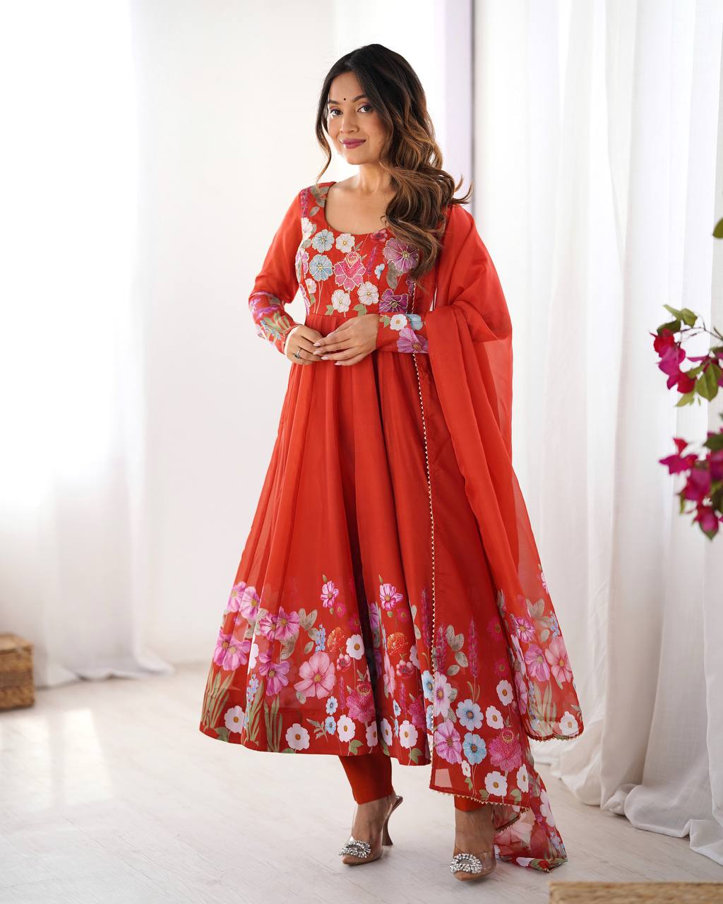 Rust Pure Soft Organja Silk Flower Position Outing Work Salwar Suit