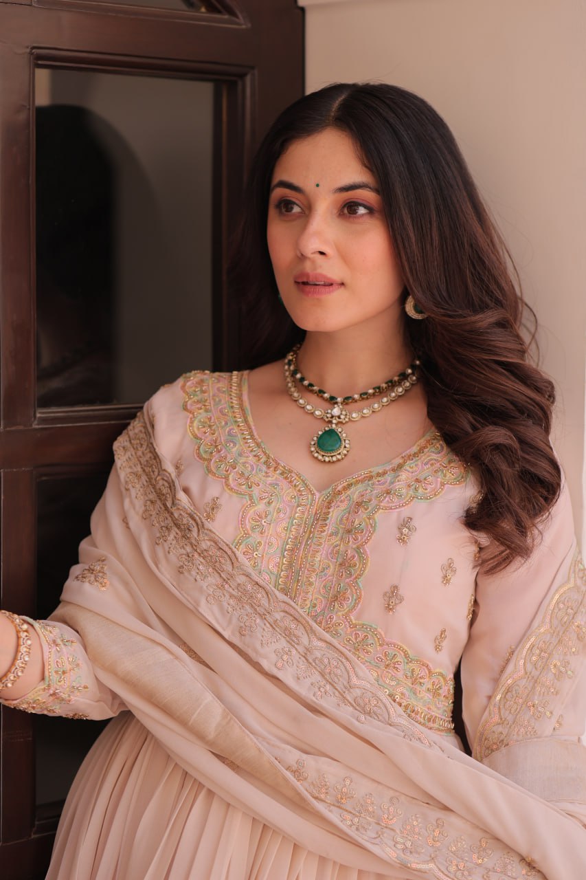 Cream Georgette Sequins Multi Embroidered Work Gown