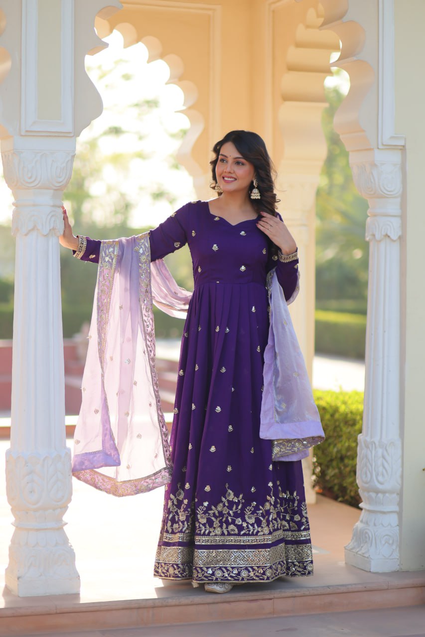 Purple Designer Georgette With Embroidery Zari Sequins Work Gown