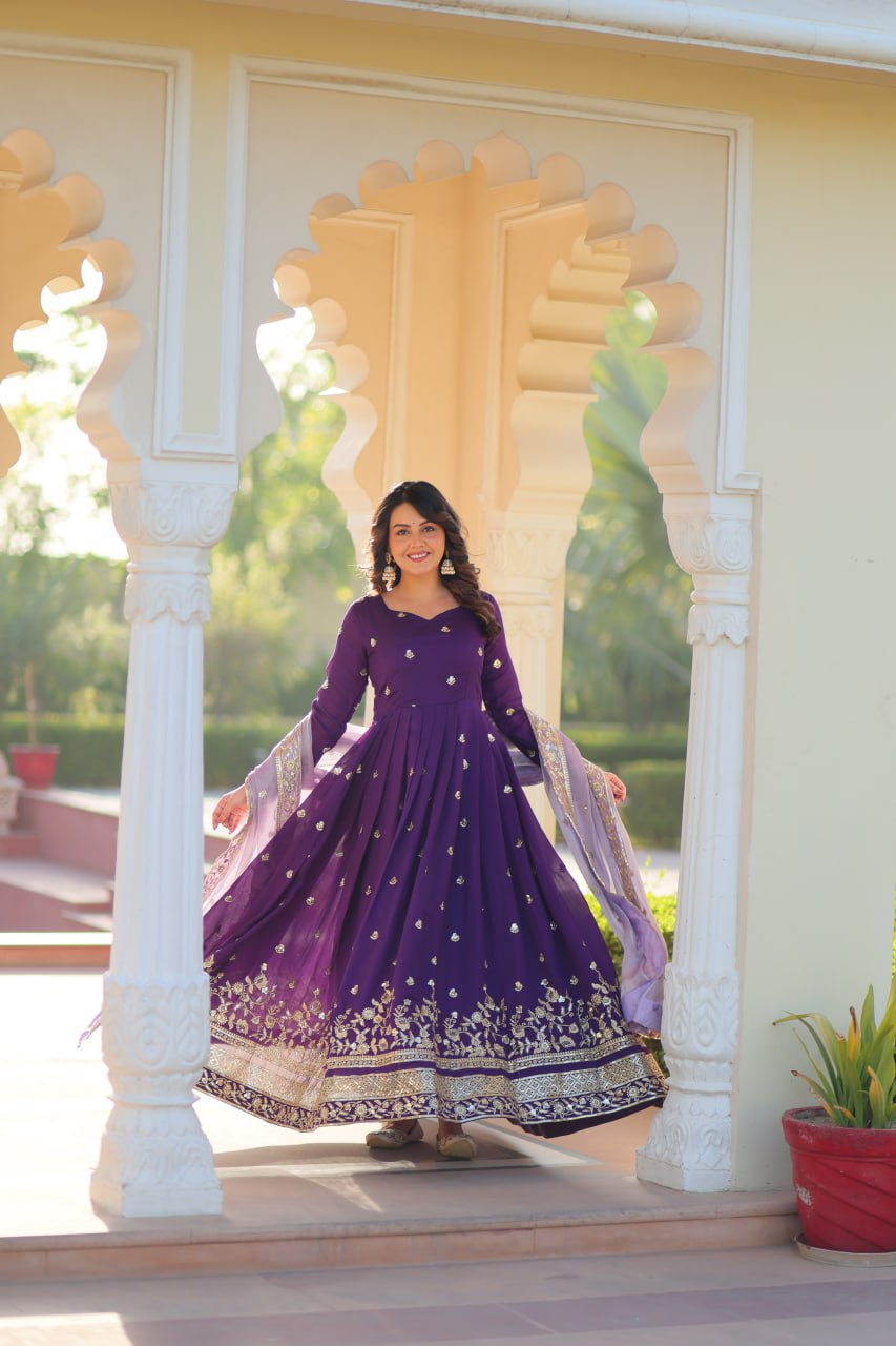 Purple Designer Georgette With Embroidery Zari Sequins Work Gown