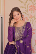 Purple Zari Sequins Embroidered Work Round Neck Gown