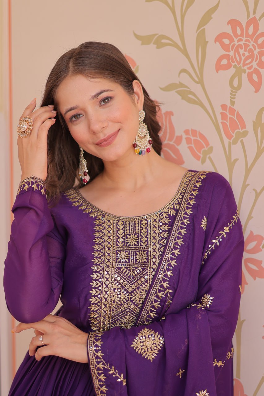 Purple Zari Sequins Embroidered Work Round Neck Gown