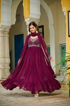 Wine Faux Blooming With Beads Embroidered Work Gown