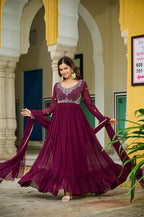 Wine Faux Blooming With Beads Embroidered Work Gown