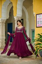 Wine Faux Blooming With Beads Embroidered Work Gown
