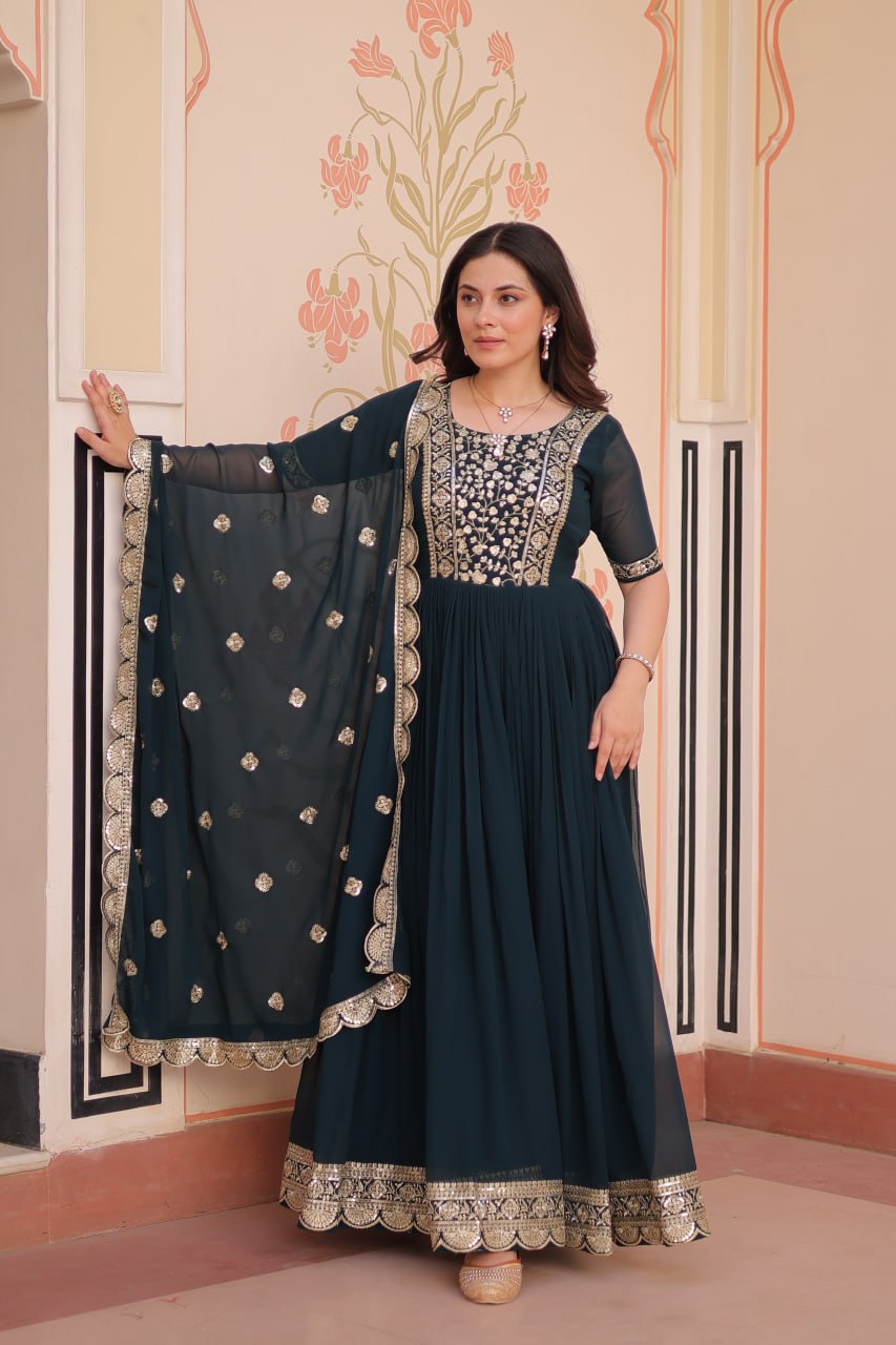 Rama Faux Blooming With Embroidery Zari Sequins Work Gown