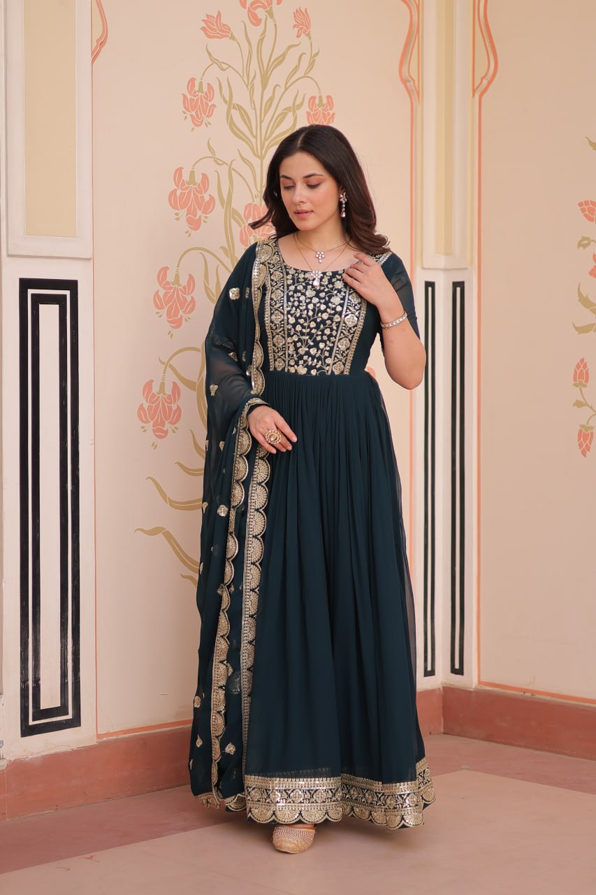 Rama Faux Blooming With Embroidery Zari Sequins Work Gown