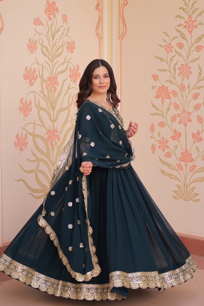 Rama Faux Blooming With Embroidery Zari Sequins Work Gown