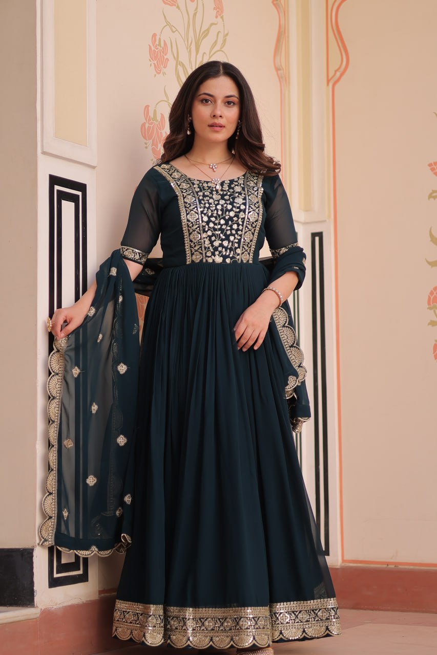 Rama Faux Blooming With Embroidery Zari Sequins Work Gown