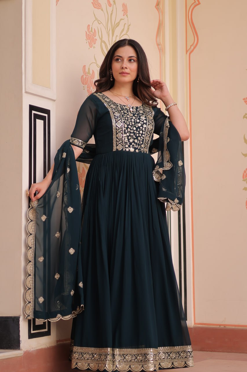 Rama Faux Blooming With Embroidery Zari Sequins Work Gown