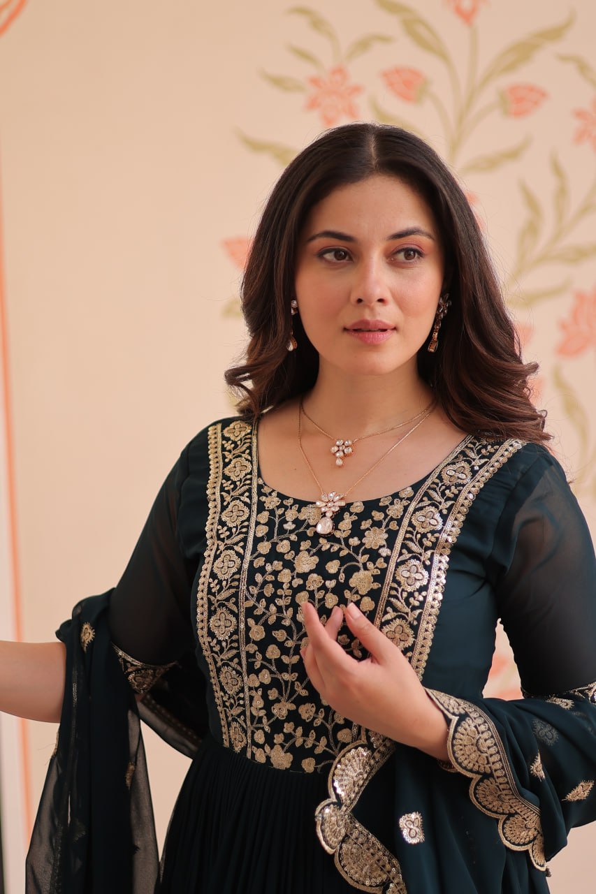 Rama Faux Blooming With Embroidery Zari Sequins Work Gown