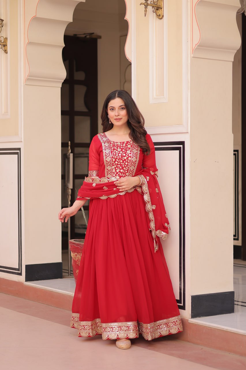 Red Faux Blooming With Embroidery Zari Sequins Work Gown