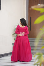 Pink Star Georgette Designer V Neck Sequins Work Gown