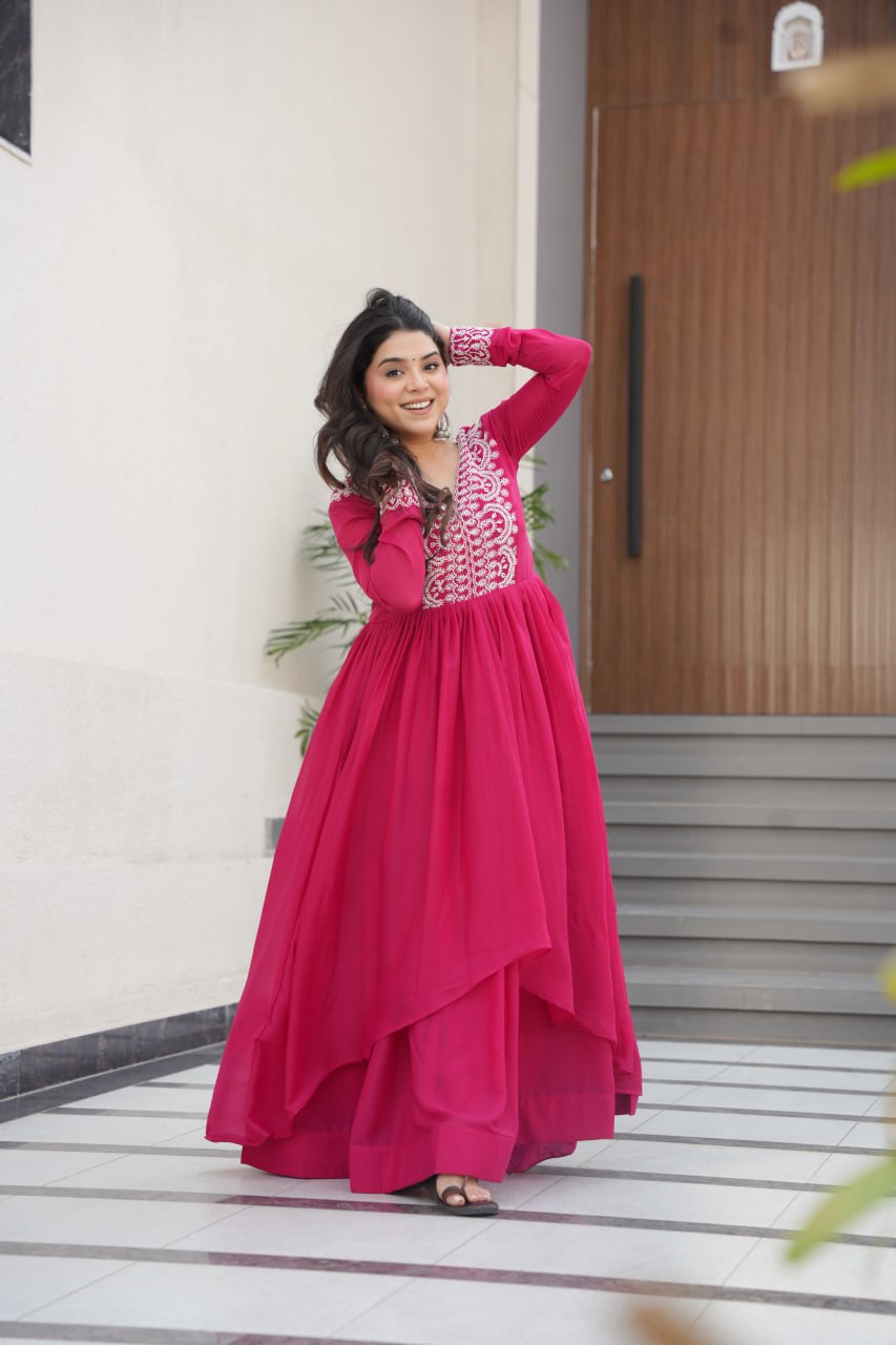 Pink Star Georgette Designer V Neck Sequins Work Gown