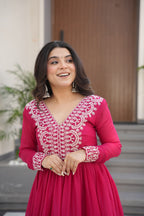 Pink Star Georgette Designer V Neck Sequins Work Gown