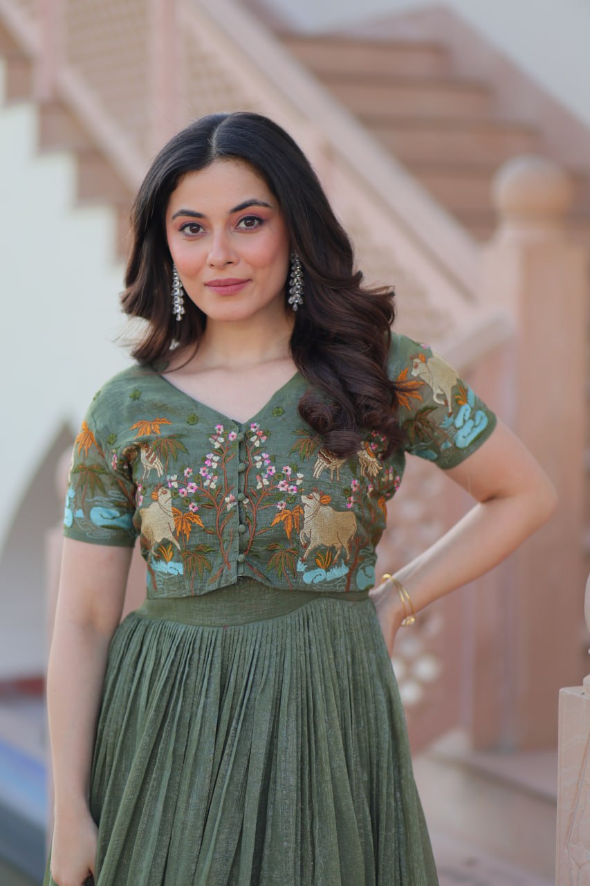 Mehandi Silver Crunchy Fabric Fancy Round Neck Work Gown With Koti