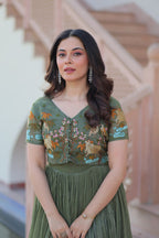 Mehandi Silver Crunchy Fabric Fancy Round Neck Work Gown With Koti