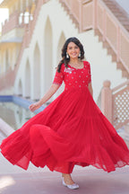 Red Faux Blooming Designer Round Neck Embroidery Work Gown