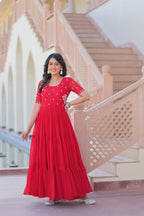 Red Faux Blooming Designer Round Neck Embroidery Work Gown