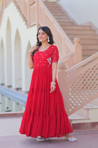 Red Faux Blooming Designer Round Neck Embroidery Work Gown