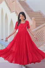 Red Faux Blooming Designer Round Neck Embroidery Work Gown