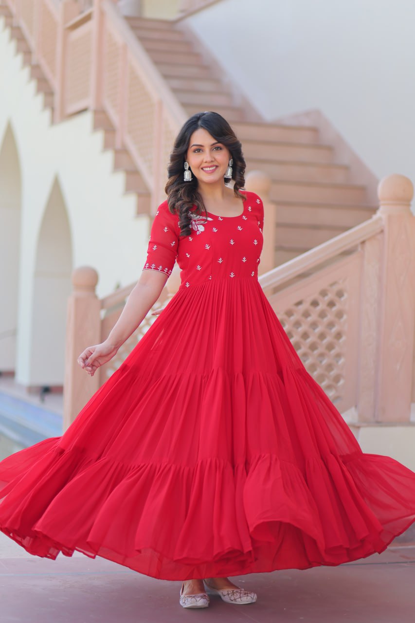 Red Faux Blooming Designer Round Neck Embroidery Work Gown