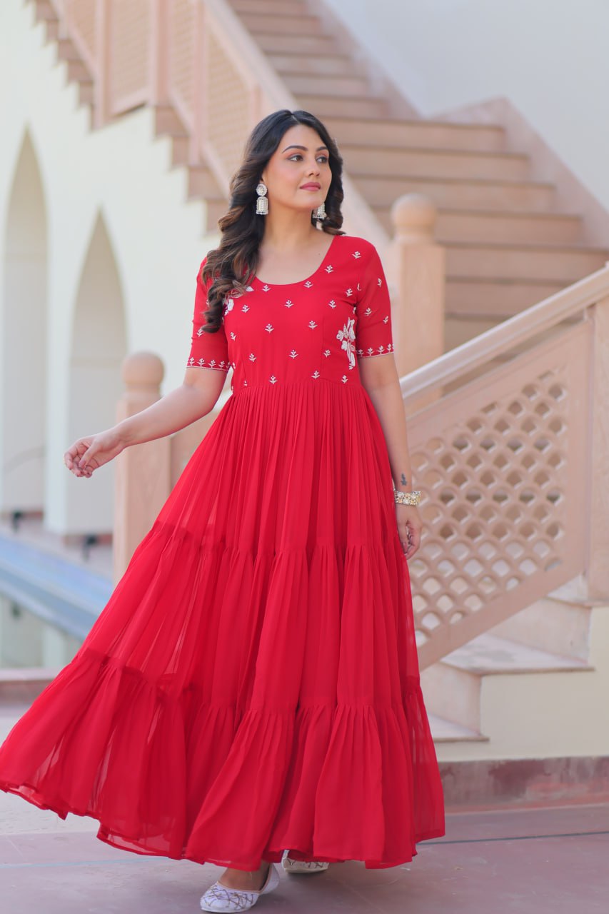 Red Faux Blooming Designer Round Neck Embroidery Work Gown